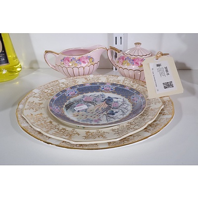 Sadler Creamer and Sugar Bowl, Hanley Crinoline Lady cake Plate, Classical Display Plate and Japanese Peacock Plate