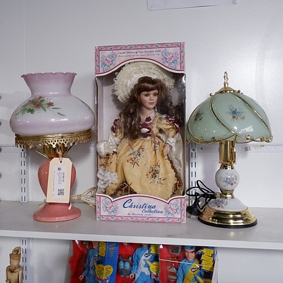 Boxed Limited Edition Christana Collection Doll, Two Porcelain and Brass Table Lamps