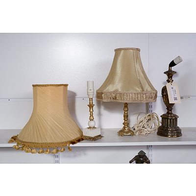 Three Antique Style Brass Table Lamps - Two with Shades