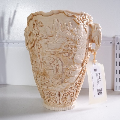 Large Eastern Carved Resin Vase with Elephant Handles