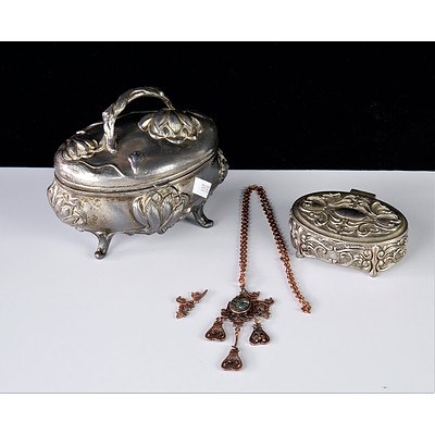 Vintage Vera Lucino Silverplate Trinket Box, Art Nouveau Footed Silverplate Jewellery Casket and a Coppertone & Paua Shell Necklace