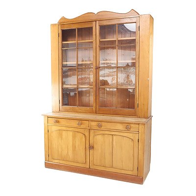 Large Antique Tasmanian Pine Bookcase Cabinet, Two Drawers and Doors Below, Glass Doors Above