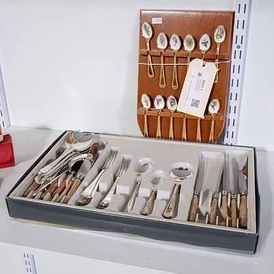 Assorted Marsden and Robert Wilding Cutlery and a Set of 12 Gilt and Enamel Bird Collector Spoons on Stand