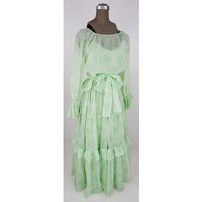 Retro 1960s Hand Sewn Womens Green Chiffon Layered Full Length Dress with Matching Overblouse