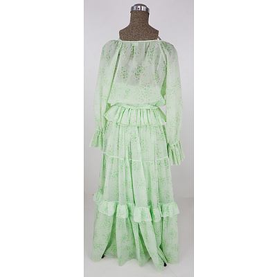 Retro 1960s Hand Sewn Womens Green Chiffon Layered Full Length Dress with Matching Overblouse