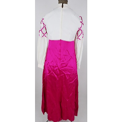 Retro 1960s Hand Sewn Full Length Hot Pink and White Satin and Cotton Dress, 1980s Polka Dot Pink Jacket and Matching Satin Handbag