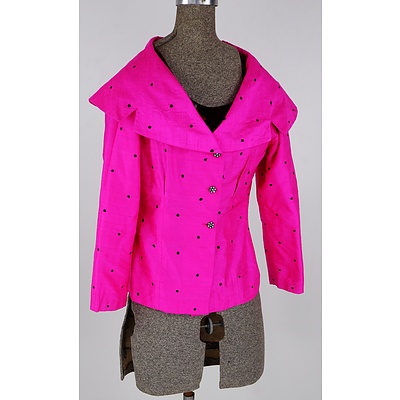 Retro 1960s Hand Sewn Full Length Hot Pink and White Satin and Cotton Dress, 1980s Polka Dot Pink Jacket and Matching Satin Handbag