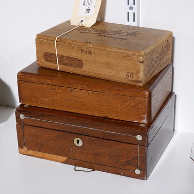 Vintage Mahogany Veneer Box with Shell Inlay, Cedar Lidded Box and Monopole Cigar Box (3)