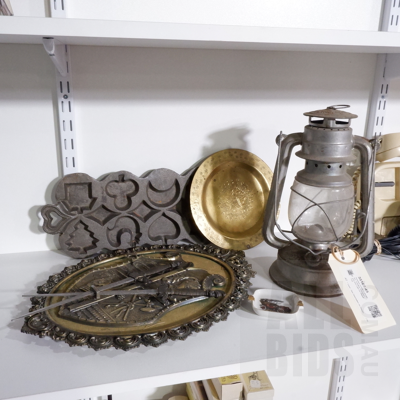 Assorted Vintage Collectables, Including Hurricane Lamp and Cast Iron Biscuit Tray