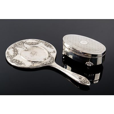 Antique Henry Matthews Birmingham Hallmarked Silver footed Jewellery Box and a Sterling Silver Handled Hand Mirror