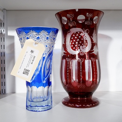 Vintage Cobalt Blue and Cranberry Bohemian Glass Vases
