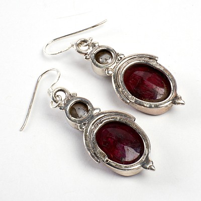 New Pair of Sterling Silver Faceted Ruby and Pearl Drop Earrings