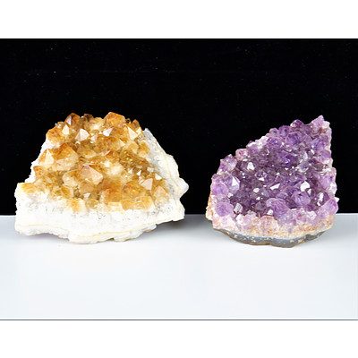 Two Natural Amethyst and Citrine Crystal Cluster Specimens
