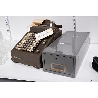 Vintage Burroughs Adding Machine and a Metal Card File drawer