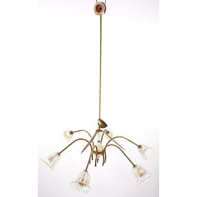 Art Deco Brass Light Fitting with Fluted Glass Shades
