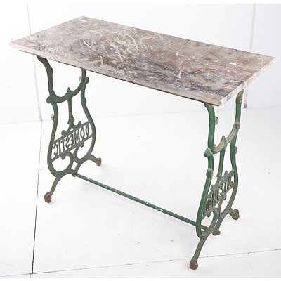 Vintage Domestic Cast Iron Sewing Machine Base Converted to a Side Table with Marble Top