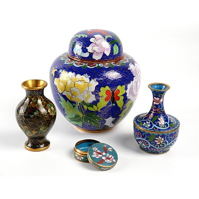 Cloisonne Lidded Ginger jar, Two Small vases and a Pill Box