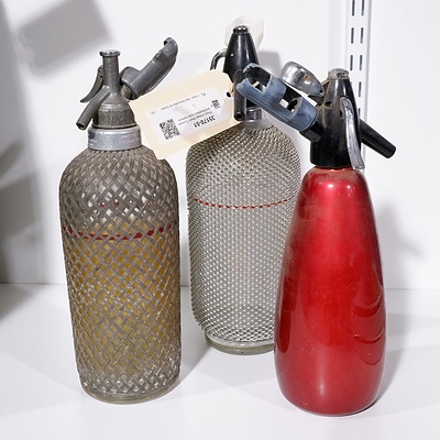 Three Vintage Mesh Covered and Anodised Soda Siphons
