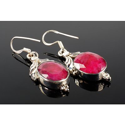 New Pair of Sterling Silver and Faceted Natural Ruby Drop Earrings