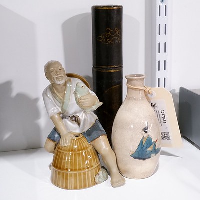 Eastern Mudman Figurine , Early Pottery Vase Marked to Base and Bamboo Fan in Lacquerware Cylinder