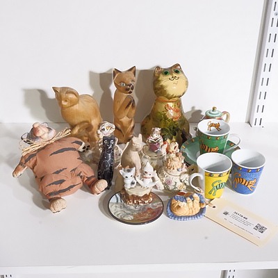Assortment of Cat Themed Homewares including Figurines and Miniature Teapots