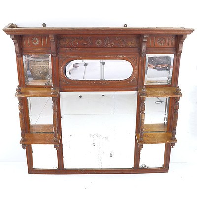 Edwardian Overmantle Mirror with Carved Decoration and Bevelled Mirrors