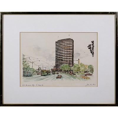 John van Vliet, BP Australia Building, St Kilda Road, Ink and Watercolour