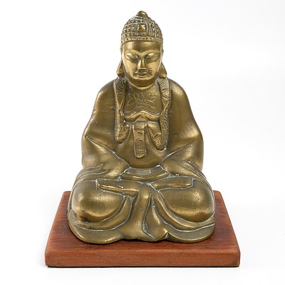 Vintage Sitting Brass Buddha on Wooden Stand