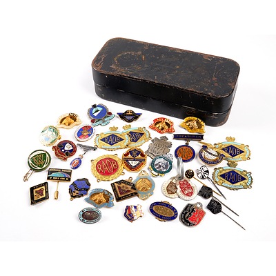 Vintage Pfaff Tin Containing a Collection of Assorted Badges including Silver