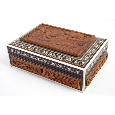 Eastern Carved Wooden Box with Bone Inlay and Animal Motif