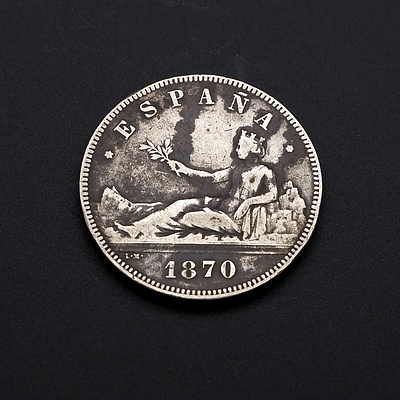 1870 Spanish Silver 5 Pesetas Coin