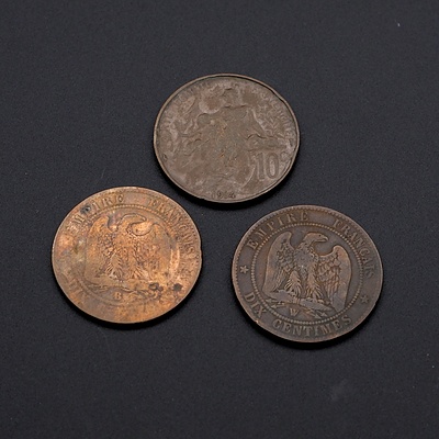 Three Antique French Coins 1854, 1855, 1914