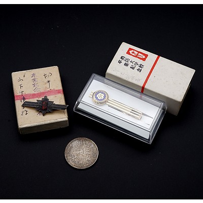 Japanese Tie Clip, Chinese Badge and Asian Coin
