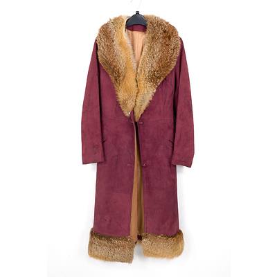 Retro Burgundy Suede and Fox Fur Women's Coat