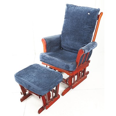 Vintage Platform Rocking Chair with Velour Upholstery and Matching Footstool