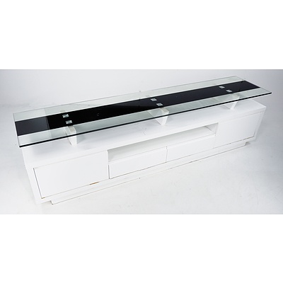 Contemporary White Melamine and Tempered Glass Lowline Entertainment Unit