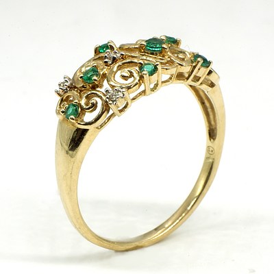9ct Yellow Gold Ring with Created Emerald and RBC Diamonds
