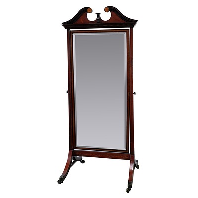 Antique Sheraton Revival String Inlaid Mahognay Cheval Mirror, Early 20th Century