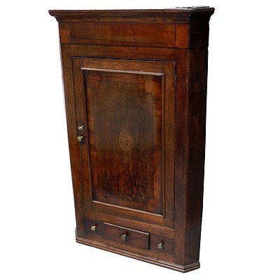 George III Oak and Mahogany Hanging Corner Cabinet, with Prince of Wales Feather Patera Circa 1780
