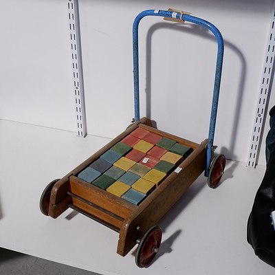Early Triang Baby Walker Complete with a Set of Coloured Wooden Blocks