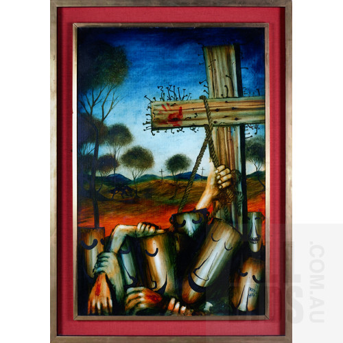 Pro Hart (1928-2006), Crucifixion (Ned Kelly Heads series), Oil on Board, 92 x 59.5 cm
