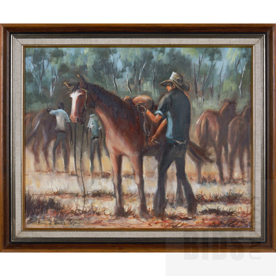 Arthur Hamblin (born 1933), Saddle Up, Oil on Canvas on Board, 39 x 50 cm