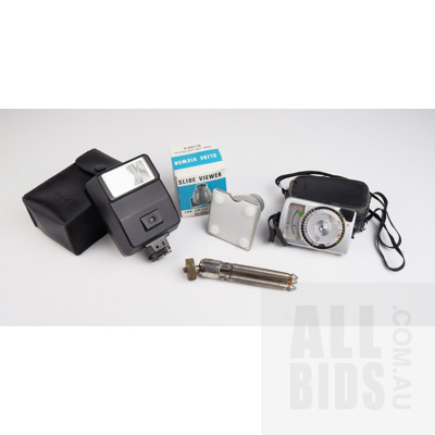 Vintage Sekonic Micro-Leader Light Meter, Canon Speedlite 155A Flash, Slide Viewer, and Travel Tripod