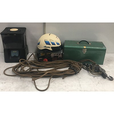 Green Metal Cantilever Tool Box, Rope Block And Tackle, Battery Operated Cat Feeder And Bell Tourlite Vintage Bicycle Safety Helmet