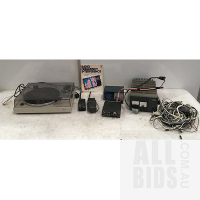 Akai AP-B21 Turntable, Daiwa DC7011 Round Controller, IC-25E VHF Transceiver, Uniden Sundowner Personal UHF Radio, ICOM IC-2A, VHF Transceiver And Other Assorted Items