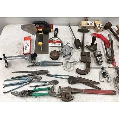 Assortment Of Tools Including Metal Shears, Hammers, Gear Pullers, Hole Punches, Stilson Wrenches, Trowels And Floats