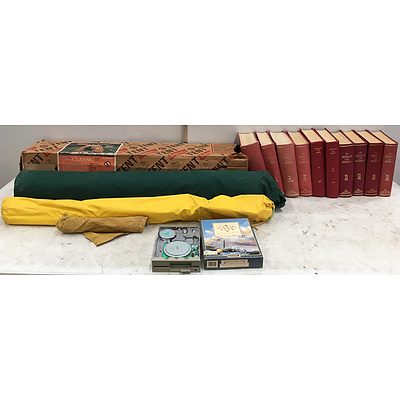 Assortment Of Mixed Homewares, Including Coleman Classic Tent With Poles And Pegs, Australian Law Journals, Other Items