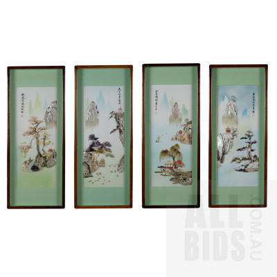 Four Framed Decorative Chinese Shell Compositions, Depicting Landscape Scenes, Each 77 x 29 cm