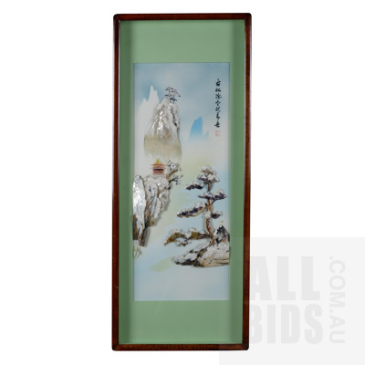 Four Framed Decorative Chinese Shell Compositions, Depicting Landscape Scenes, Each 77 x 29 cm