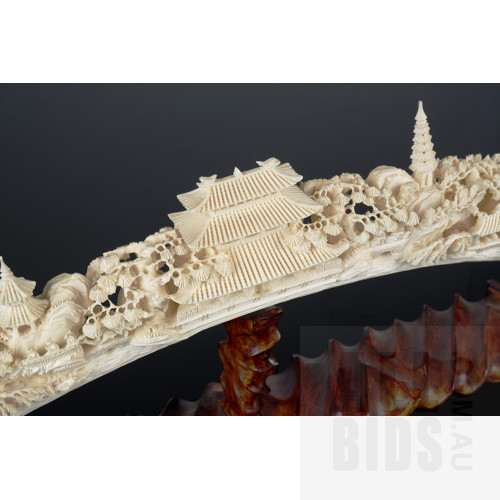 Chinese Carved and Peirced Ivory Pagoda Garden Bridge, Circa 1960s